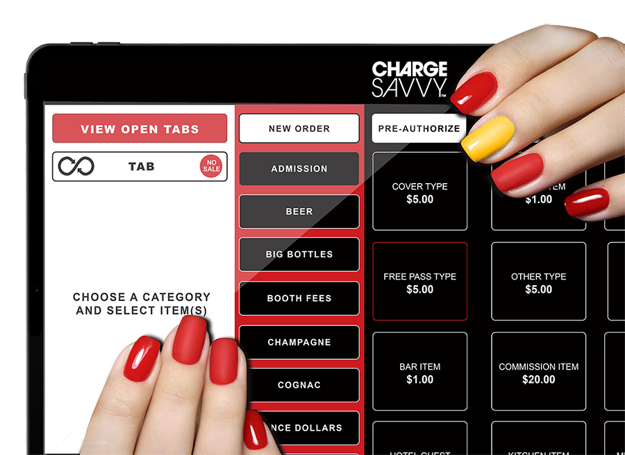Hand with colored nails holding ChargeSavvy POS system