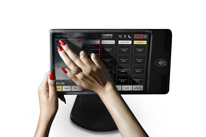 Female hands using ChargeSavvy POS System